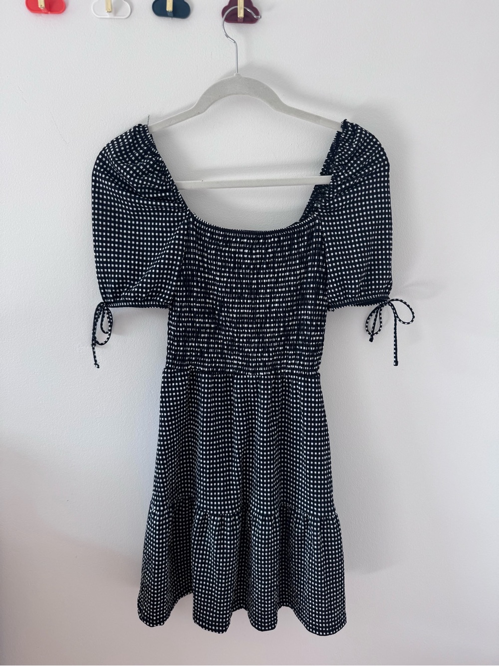 Topshop Black and White Polka Dot Smocked Midi Dress with Puff Sleeves